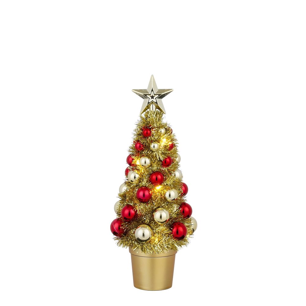 Petit sapin de Noël à LED, décoré de boules rouges et dorées - H.29cm