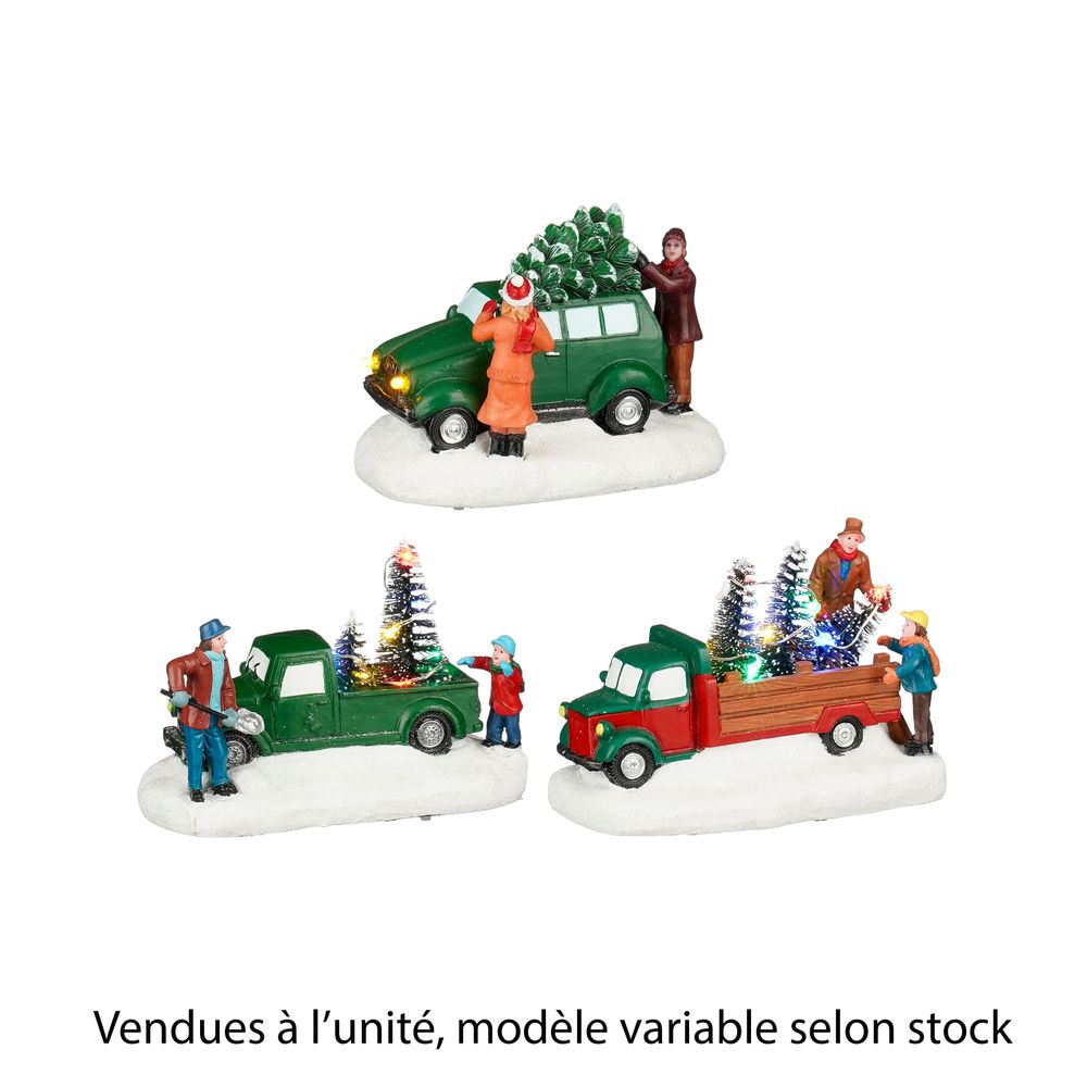 Scène animée de Noël : voiture et sapin, modèles variables - H.7,5cm