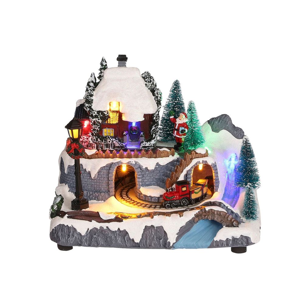 Scène animée de Noël : village avec train sur piles - H.16cm