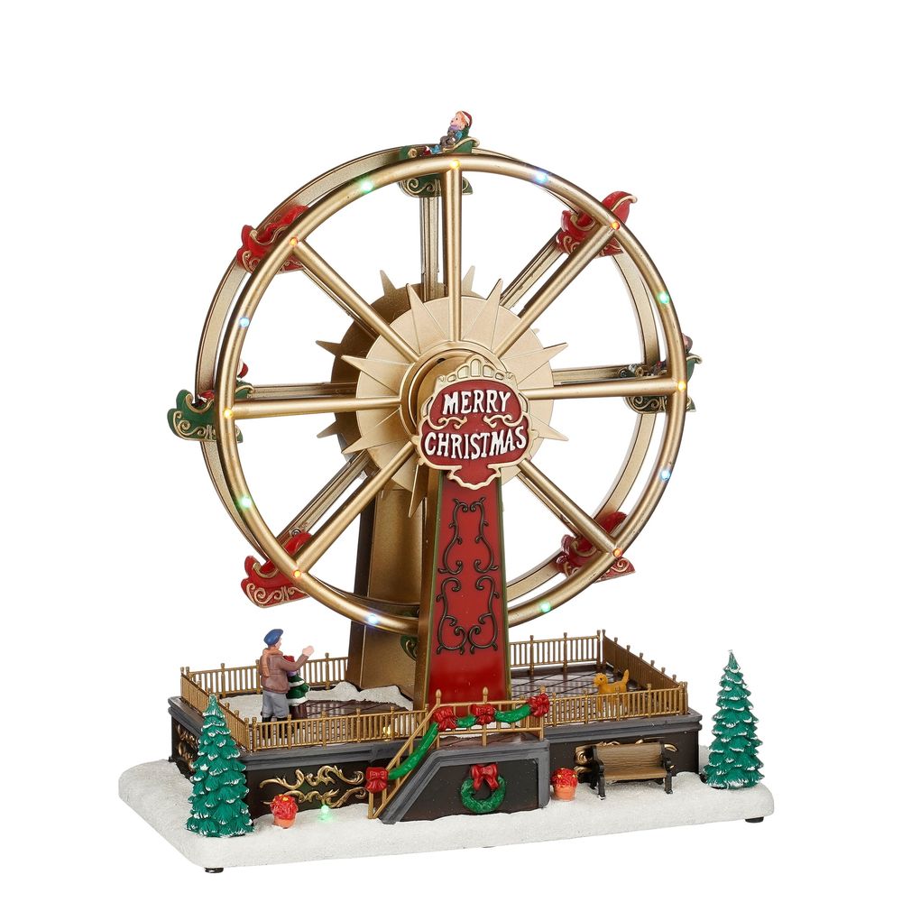 Scène animée de Noël : grande roue, fonctionnement sur piles - H.32cm