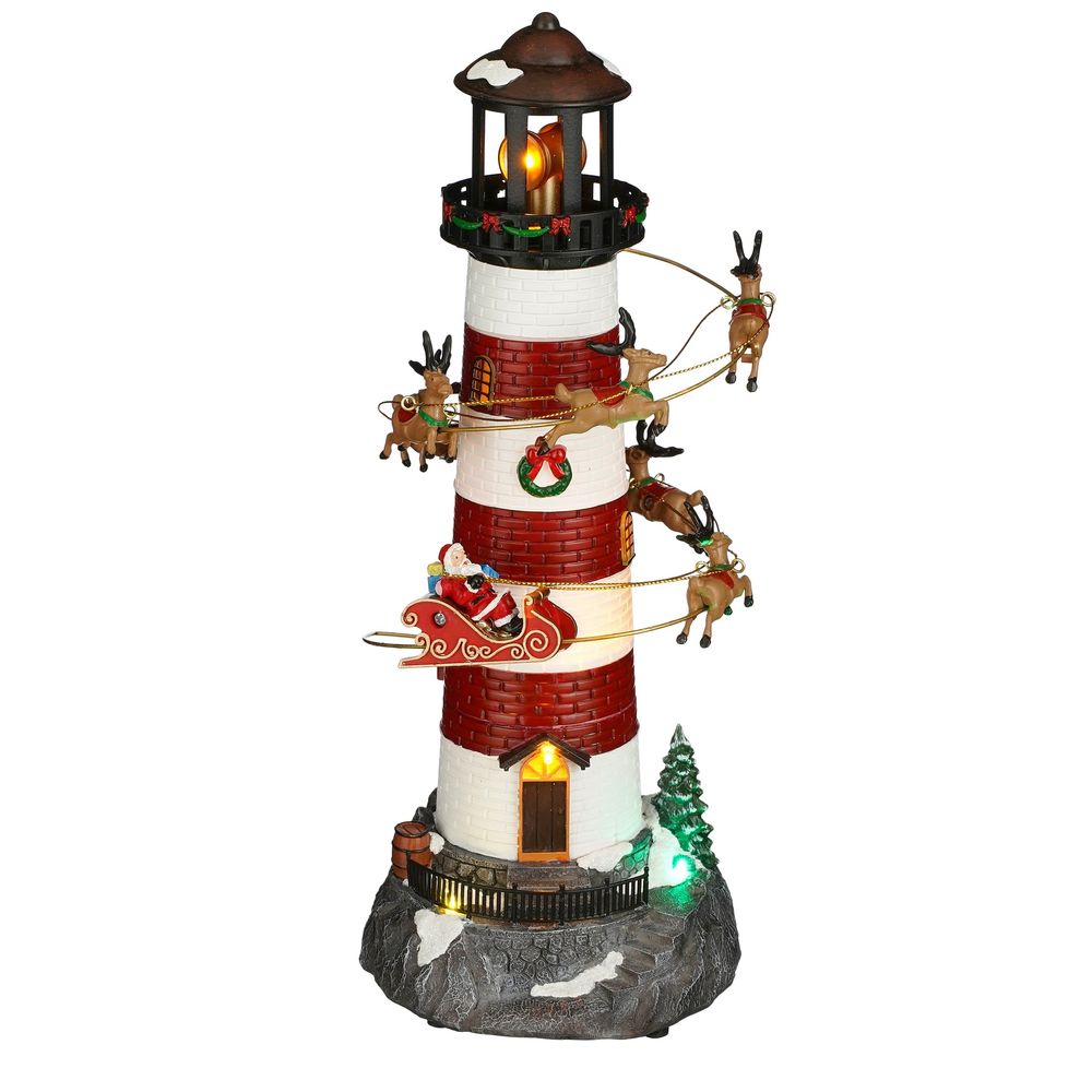 Scène animée de Noël : phare et rennes sur piles - H.35cm