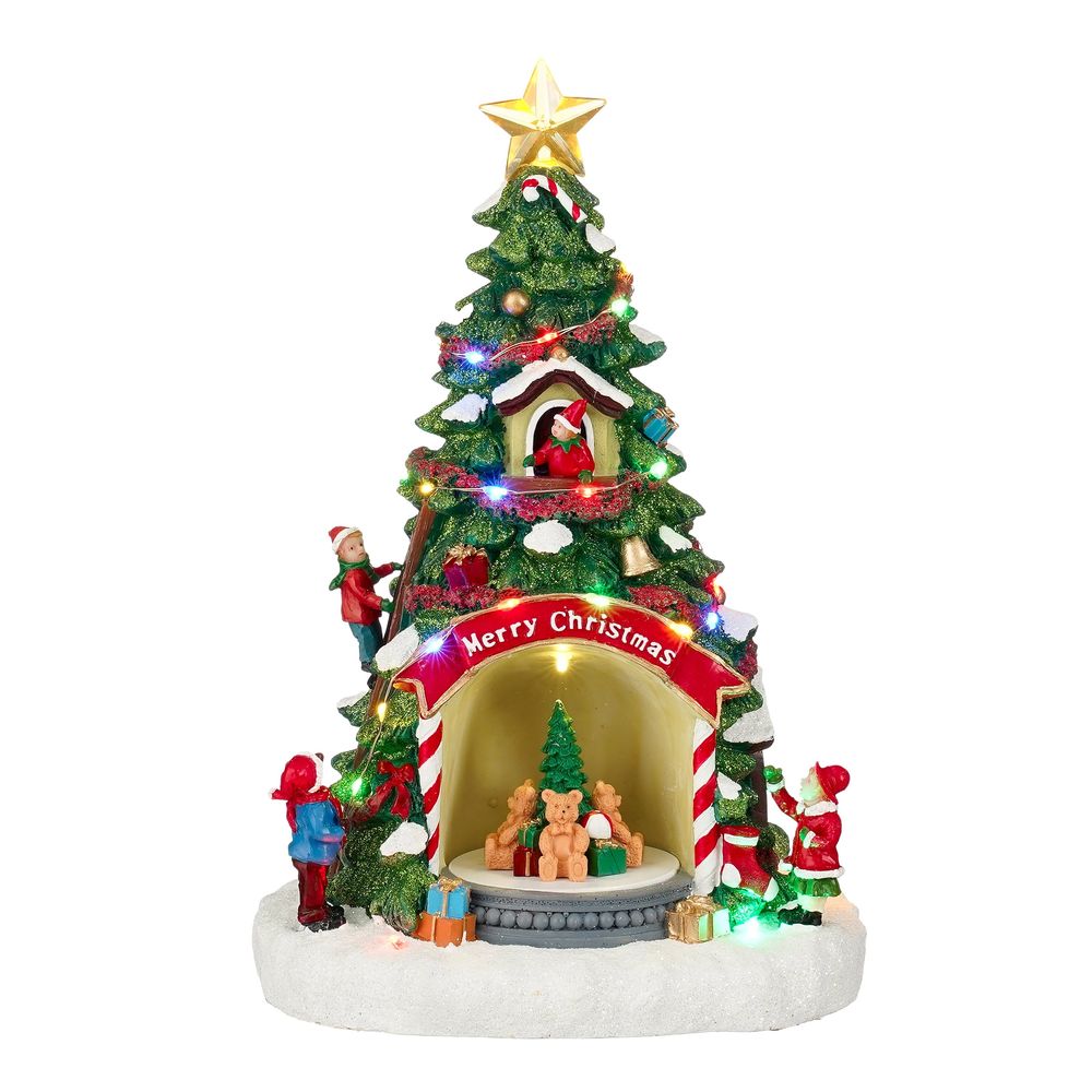 Scène animée de Noël : sapin Merry Christmas sur piles - H.32cm