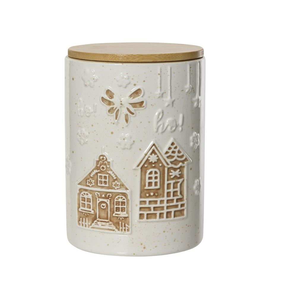 Bocal de Noël en grès, coloris blanc/caramel - H.16cm