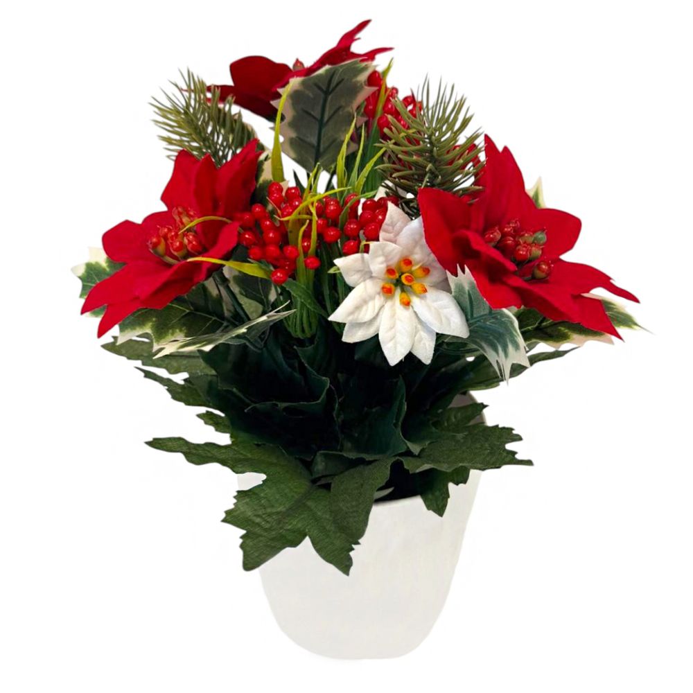 Composition florale artificielle de Noël, coloris rouge : pot D.25cm