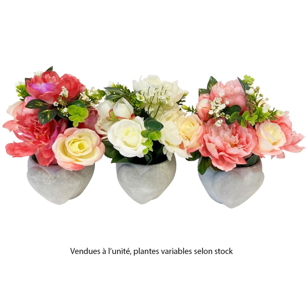 Composition florale artificielle, coloris variables : pot cœur D.22cm