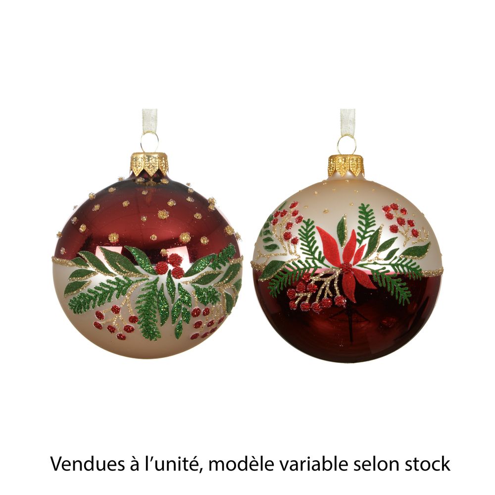 Boule de Noël en verre fleurie, modèle variable - D.8cm