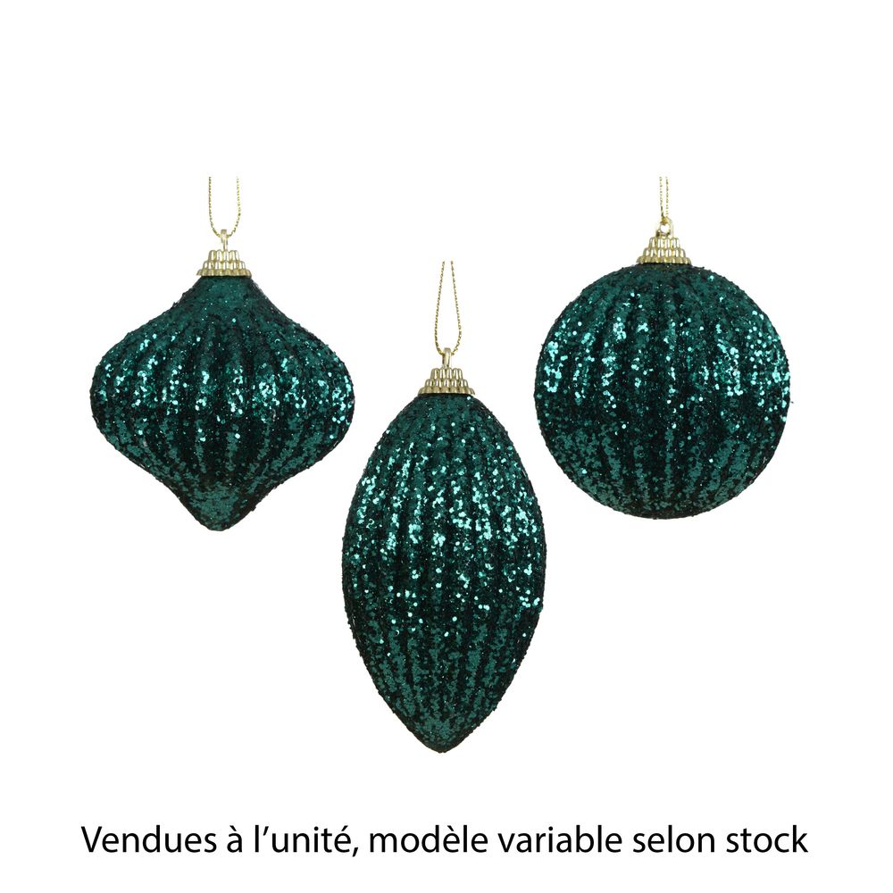 Boule décorative avec paillettes émeraude, modèle variable - D.8cm