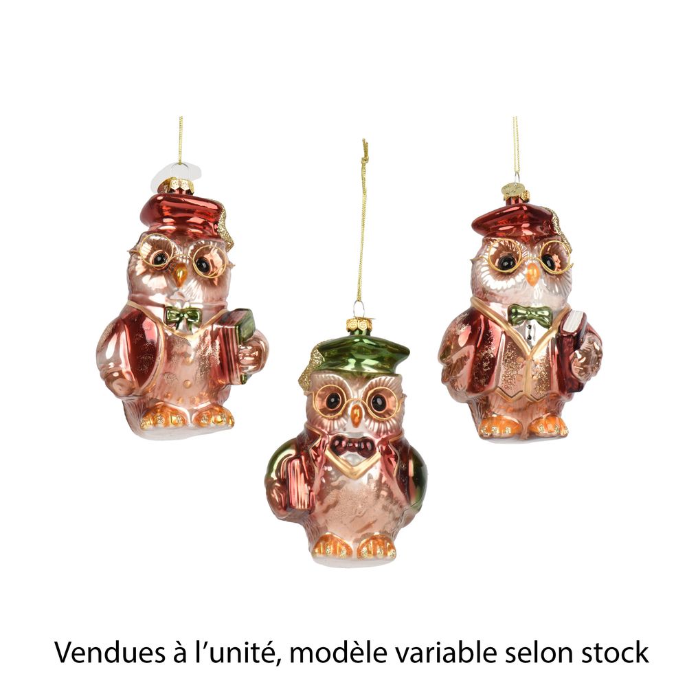 Chouette à lunettes de Noël à suspendre, modèles variables - H.13cm