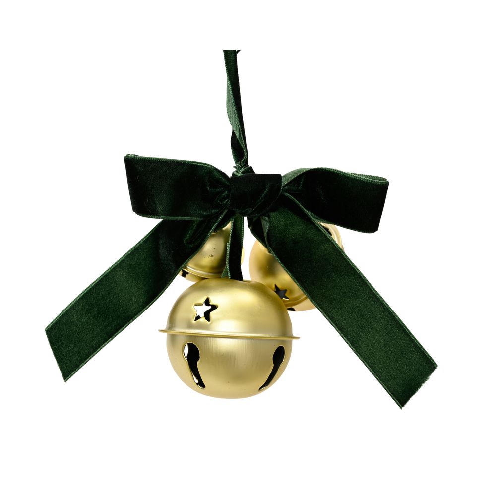 Suspension de Noël 'Cloche grelots', coloris or et vert - H.13cm