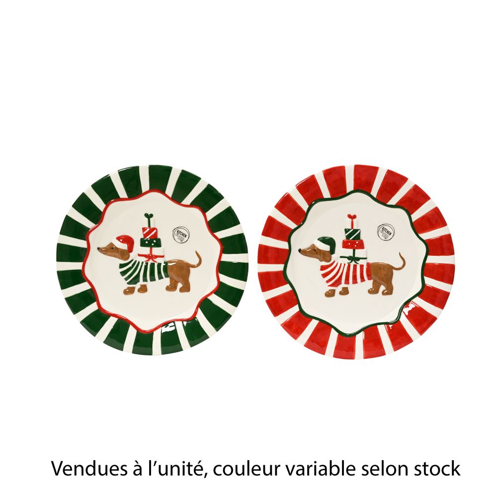 Assiette de Noël motif teckel, coloris variable - D.25,7cm