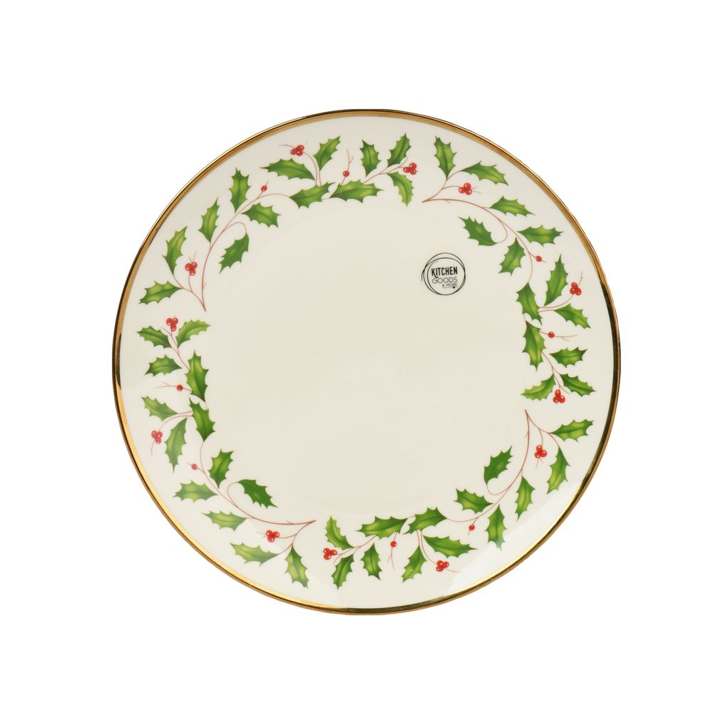 Assiette plate en porcelaine motif houx, coloris blanc - D.27cm