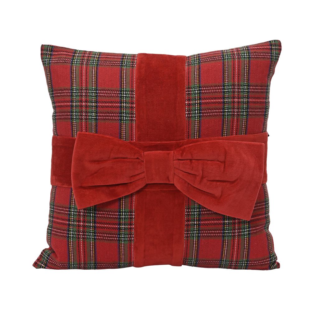 Coussin motif tartan avec nœud, coloris rouge - L.45cm