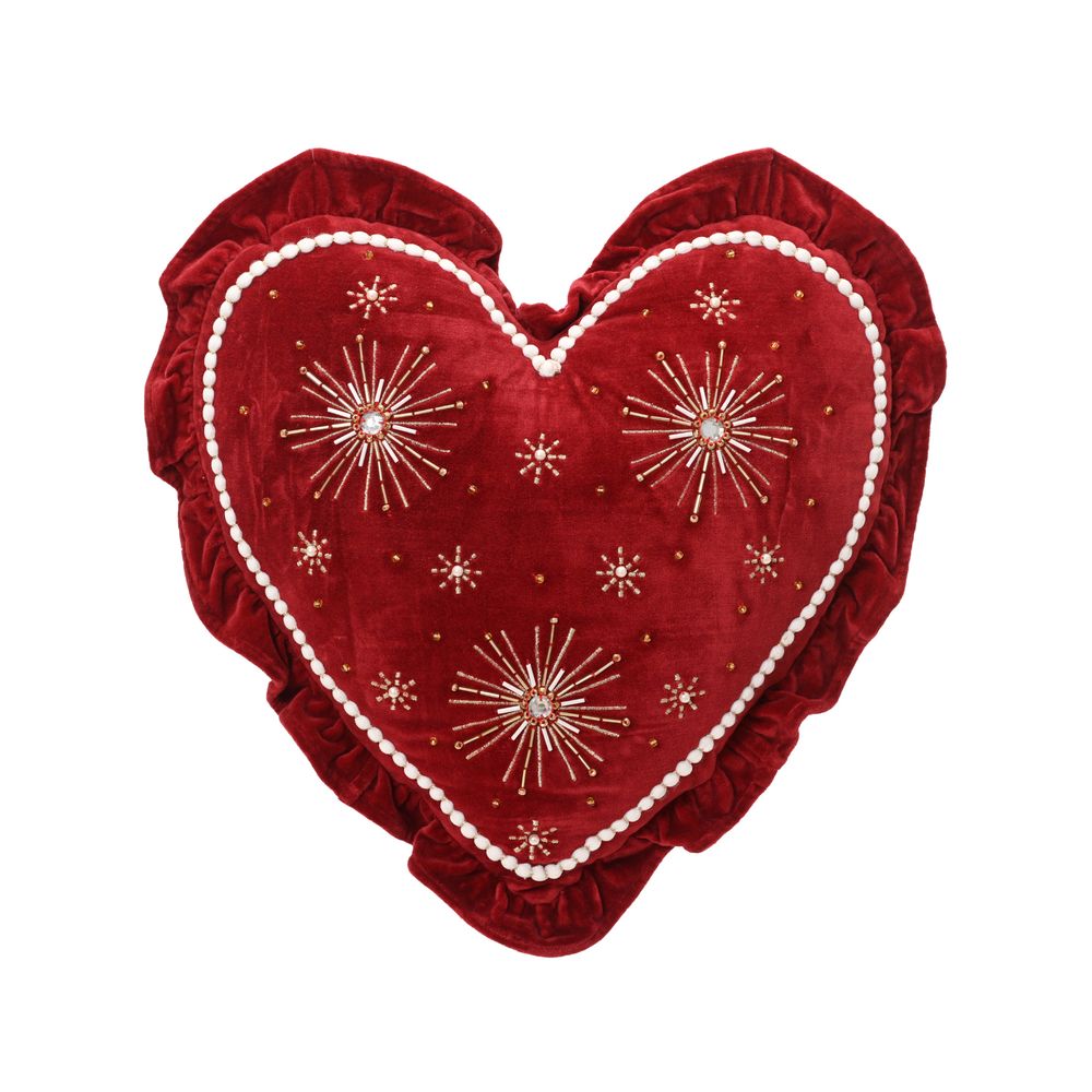 Ce coussin en coton avec cœur en velours, coloris rouge - L.40cm