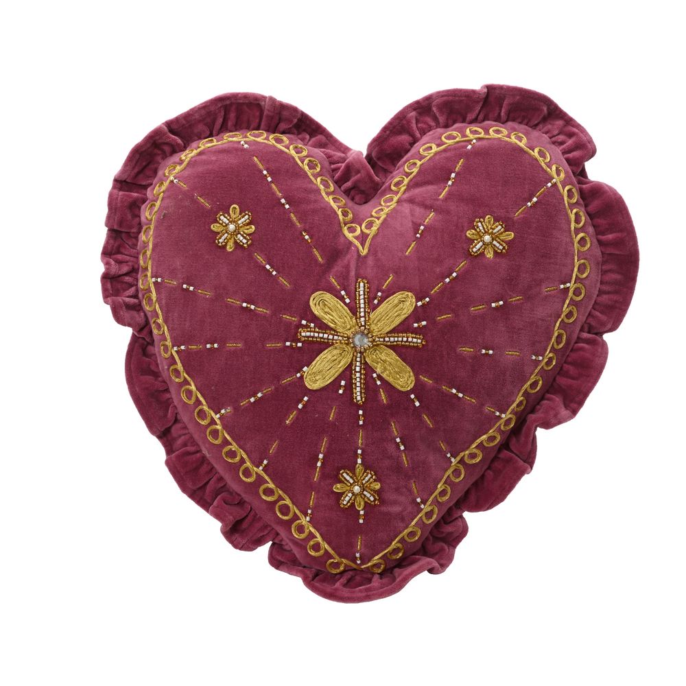 Coussin en coton avec cœur en velours, coloris rose - L.40cm
