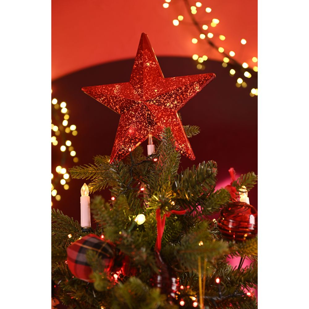 Cimier de sapin lumineux rouge, LED blanc chaud - H.21cm