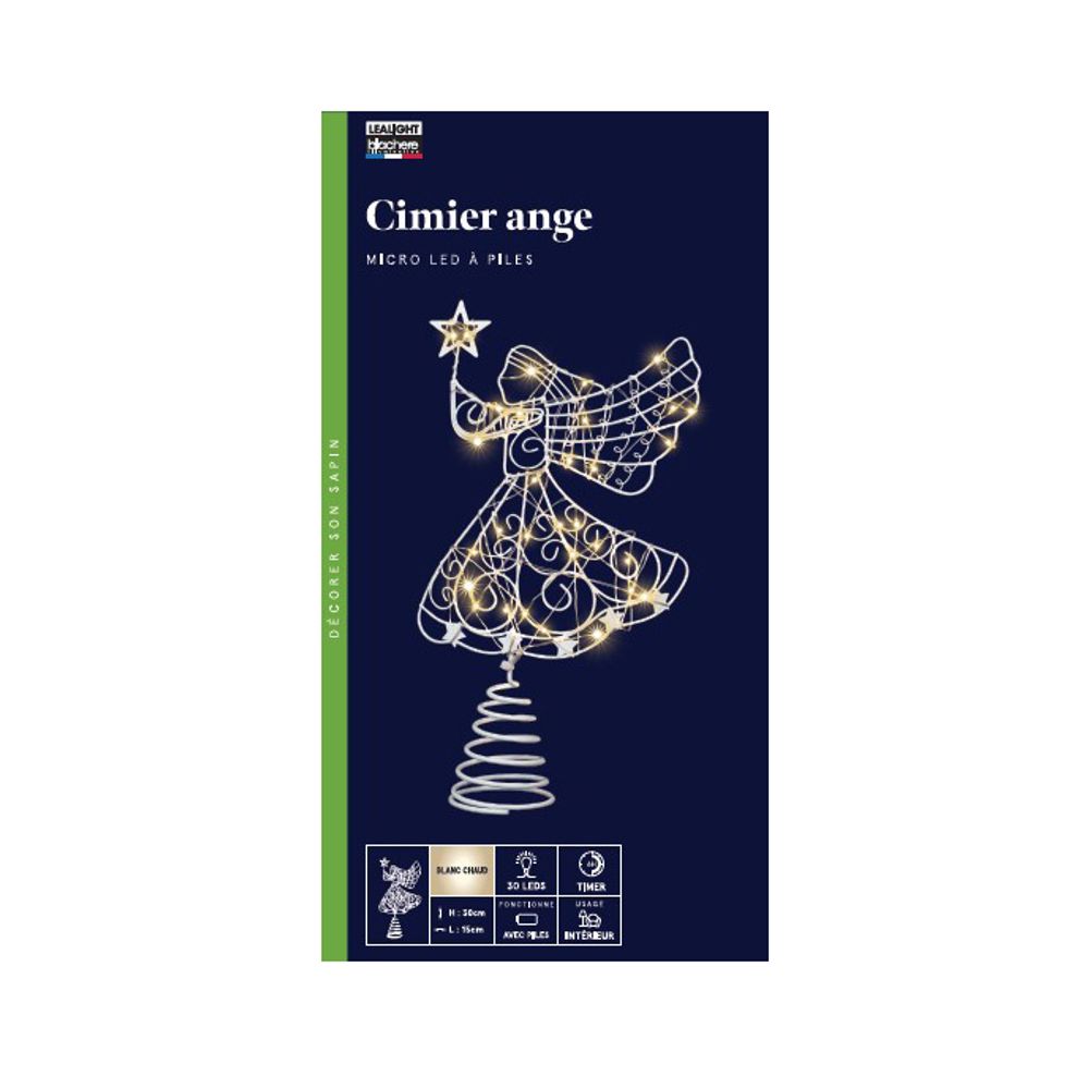 Cimier de sapin 'Ange' à piles, LED blanc chaud - H.30cm