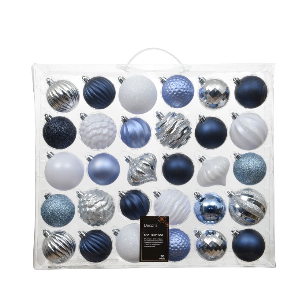 Assortiment de 30 boules de Noël, coloris bleu/blanc - D.6-7cm