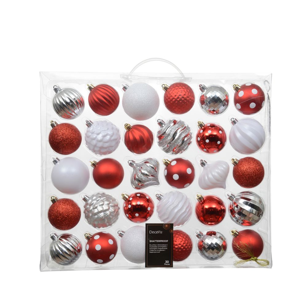 Assortiment de 30 boules de Noël, coloris rouge/blanc - D.6-7cm