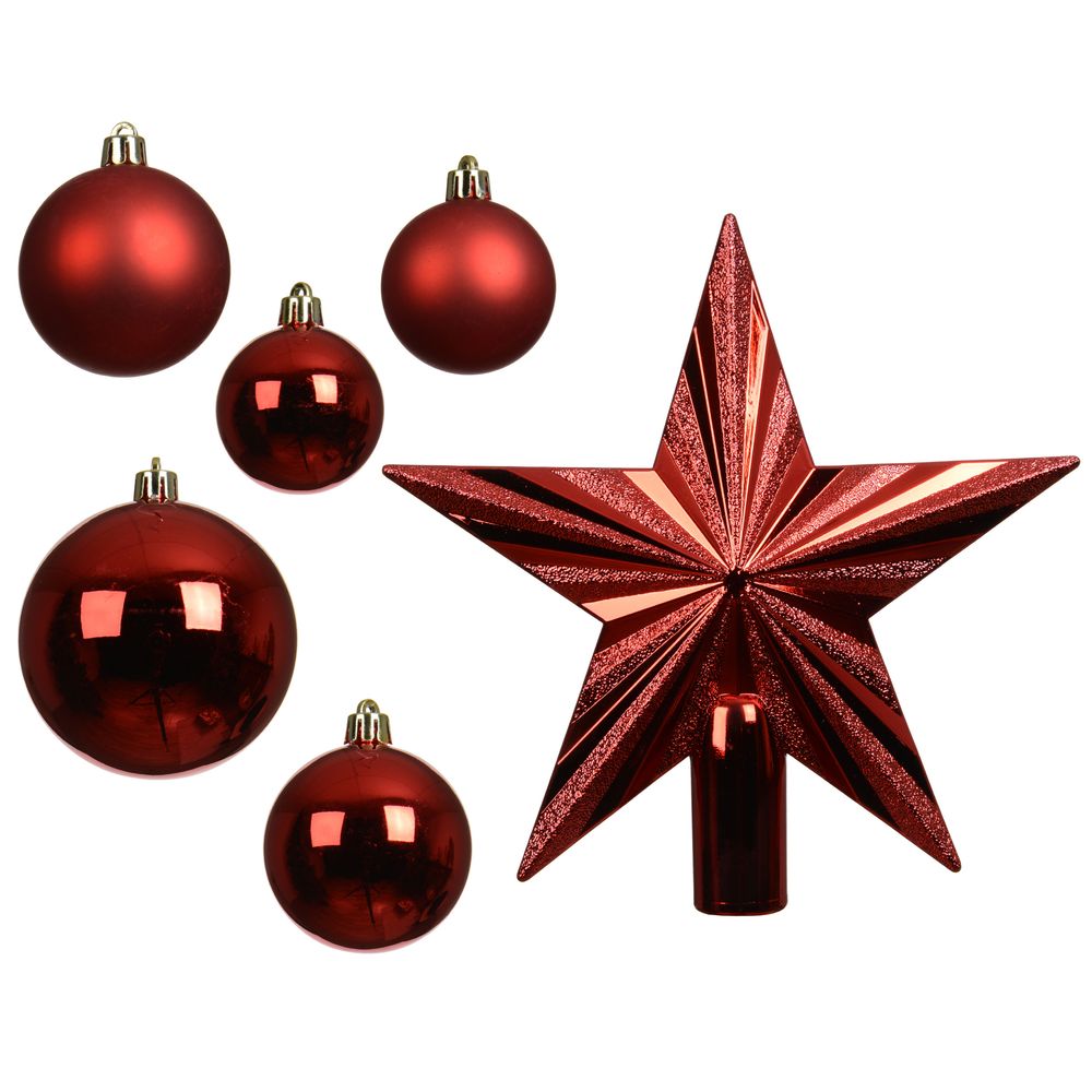 Lot de 33 boules/étoiles de Noël, coloris rouge - D.5-6-8cm