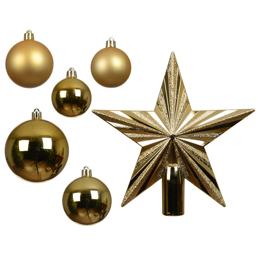 Assortiment de 33 boules/étoiles de Noël, coloris or - D.5-6-8cm