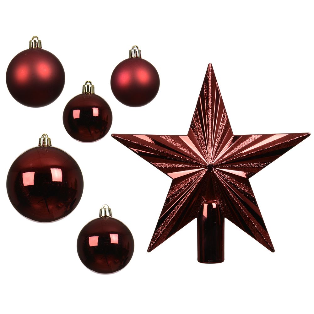 Assortiment de 33 boules/étoiles de Noël, coloris bordeaux - D.5-6-8cm