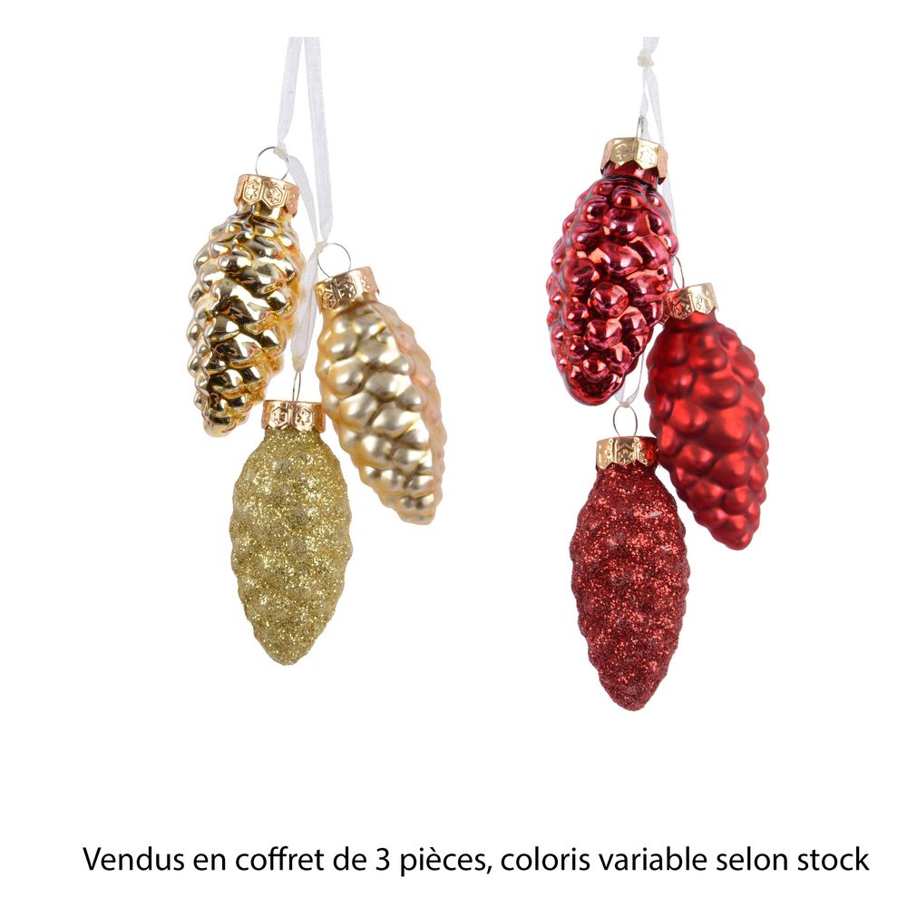 Lot de 3 suspensions de Noël en verre 'Pomme de pin', coloris variable