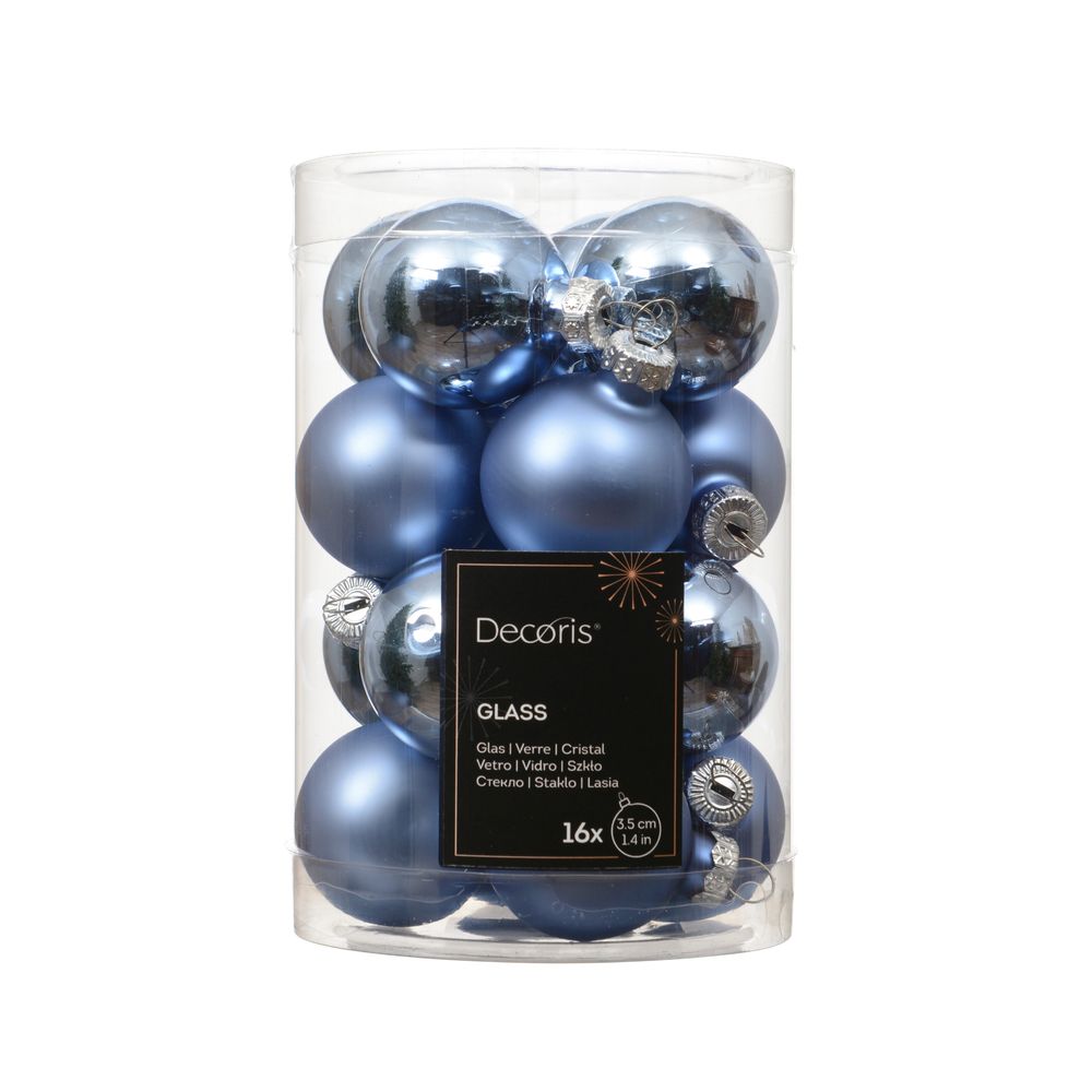 Assortiment 16 boules de Noël en verre, coloris bleu - D.3,5cm