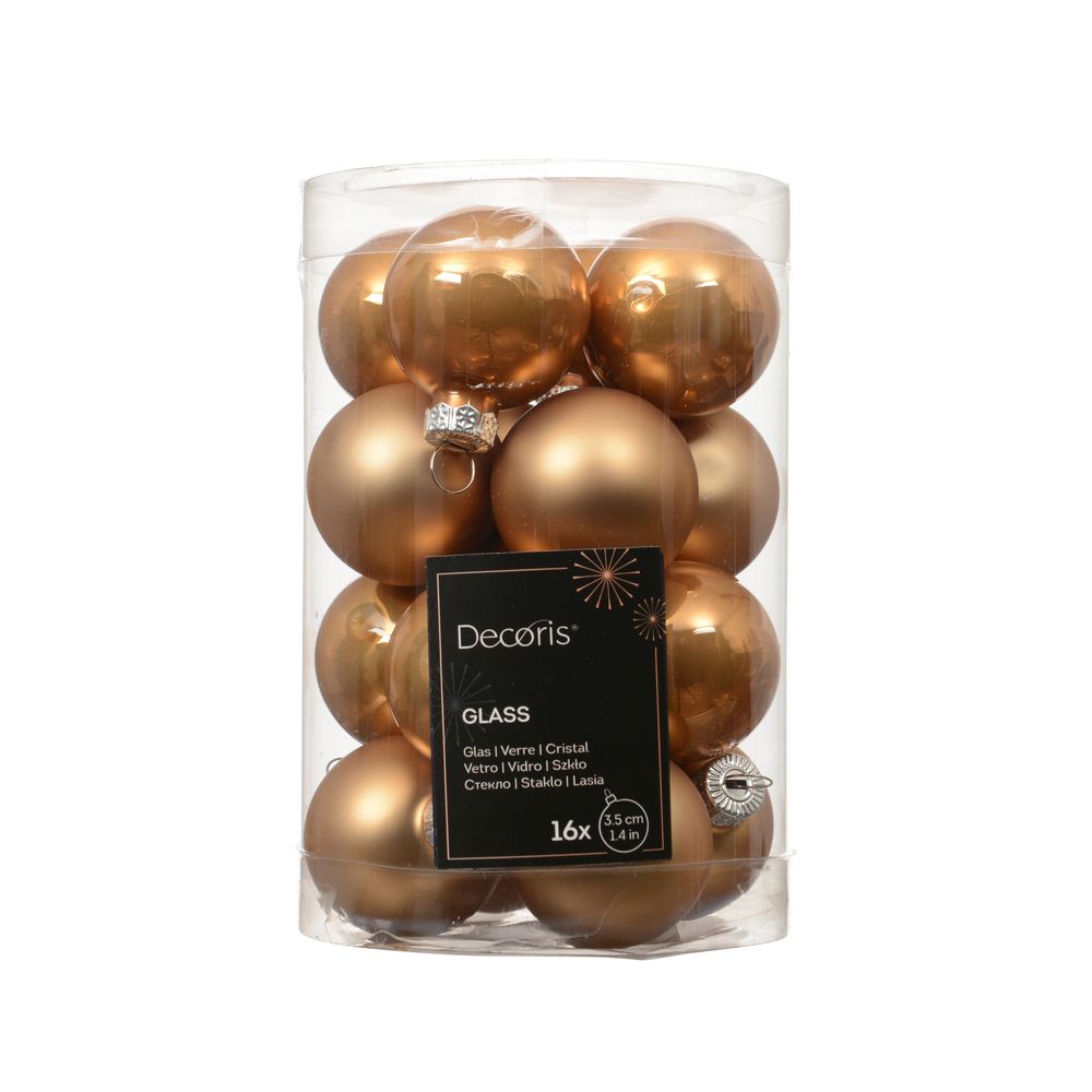 Assortiment 16 boules de Noël en verre, coloris caramel - D.3,5cm