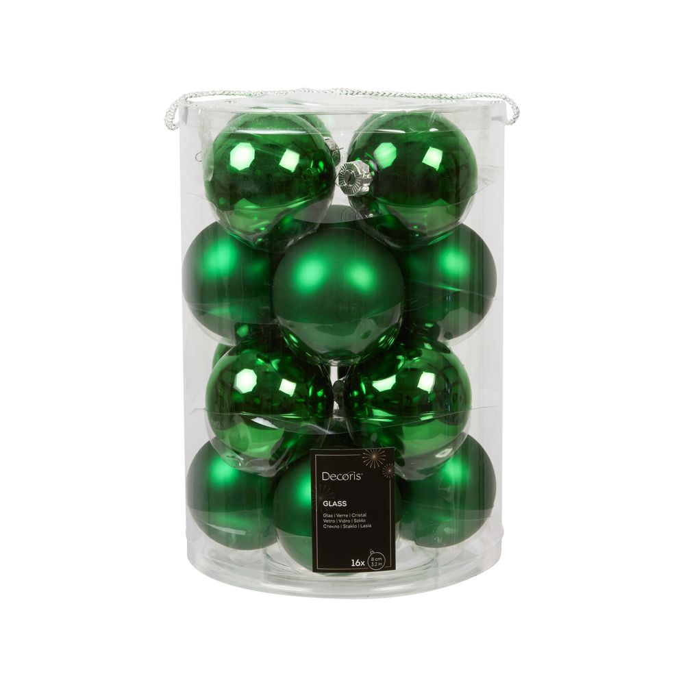 Assortiment 16 boules de Noël en verre, coloris vert - D.8cm