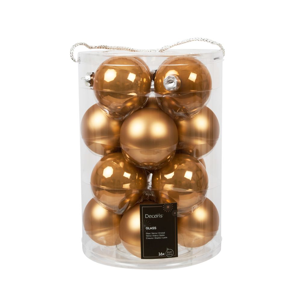 Assortiment 16 boules de Noël en verre, coloris caramel - D.8cm
