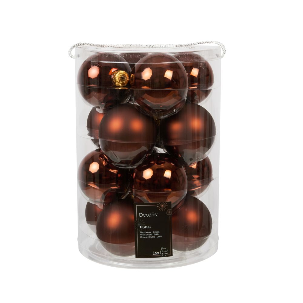 Assortiment 16 boules de Noël en verre, coloris caramel foncé - D.8cm