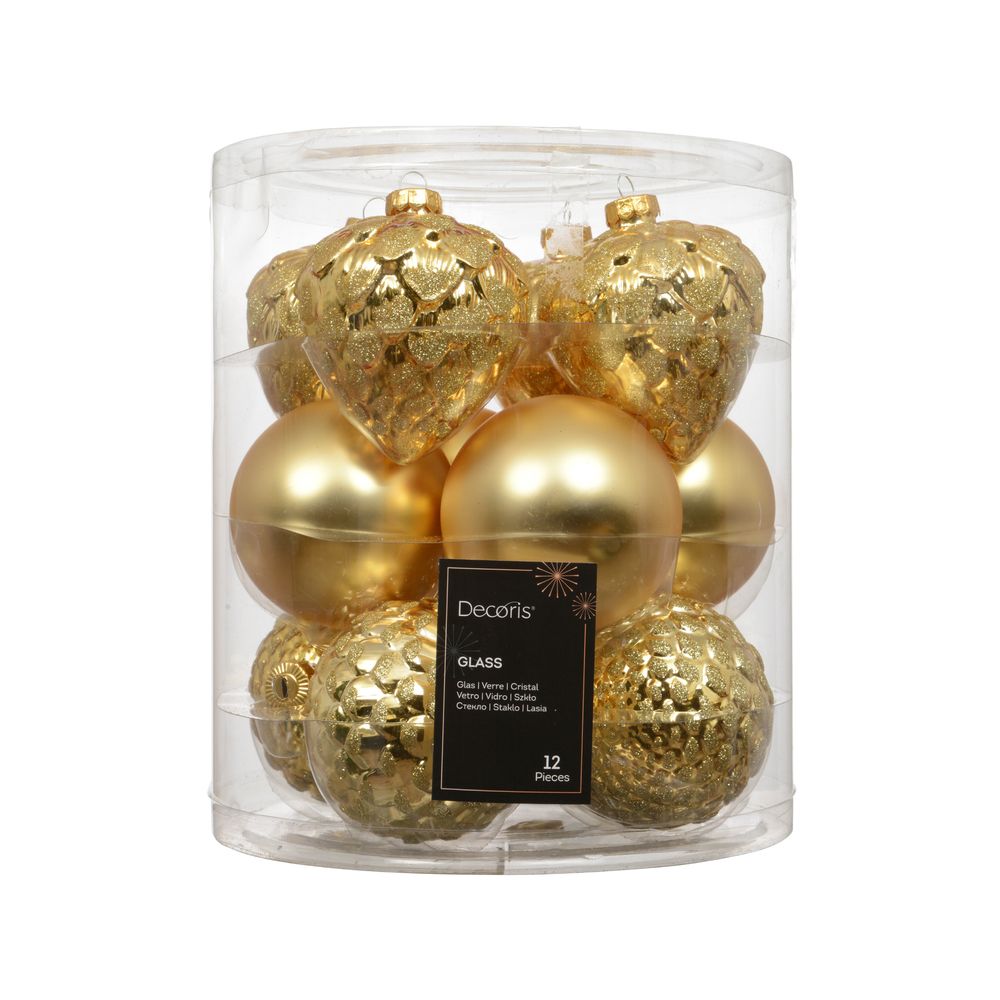 Assortiment 12 boules de Noël en verre, coloris or - D.8cm
