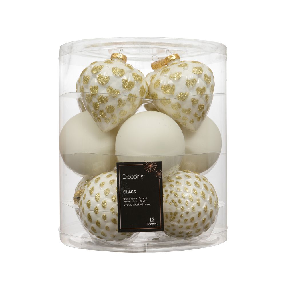 Assortiment 12 boules de Noël en verre, coloris blanc - D.8cm