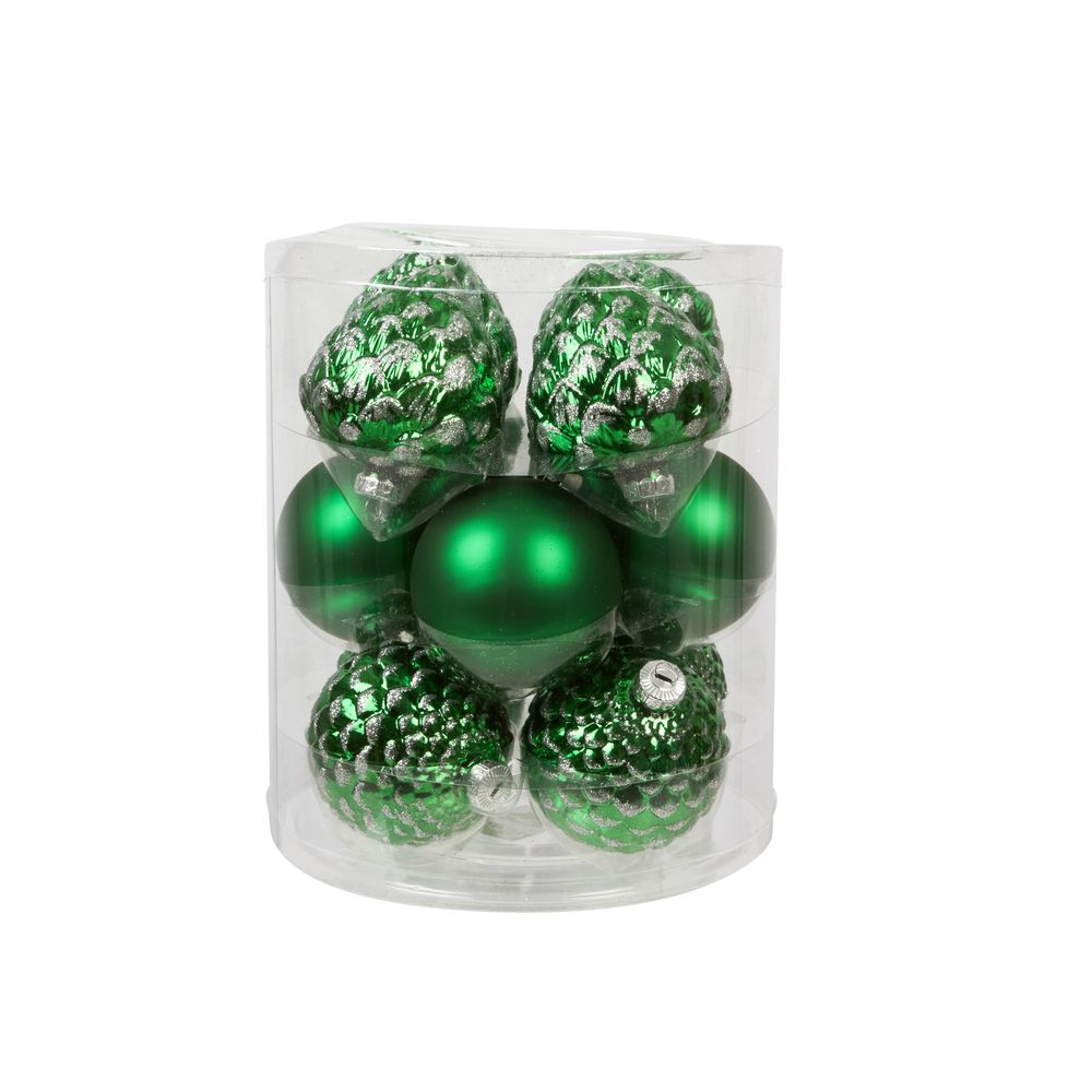 Assortiment 12 boules de Noël en verre, coloris vert - D.8cm