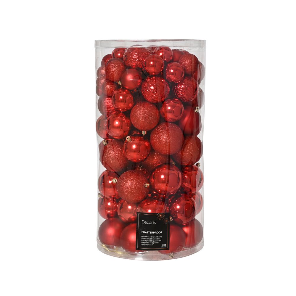 Assortiment 100 boules de Noël en verre, coloris rouge