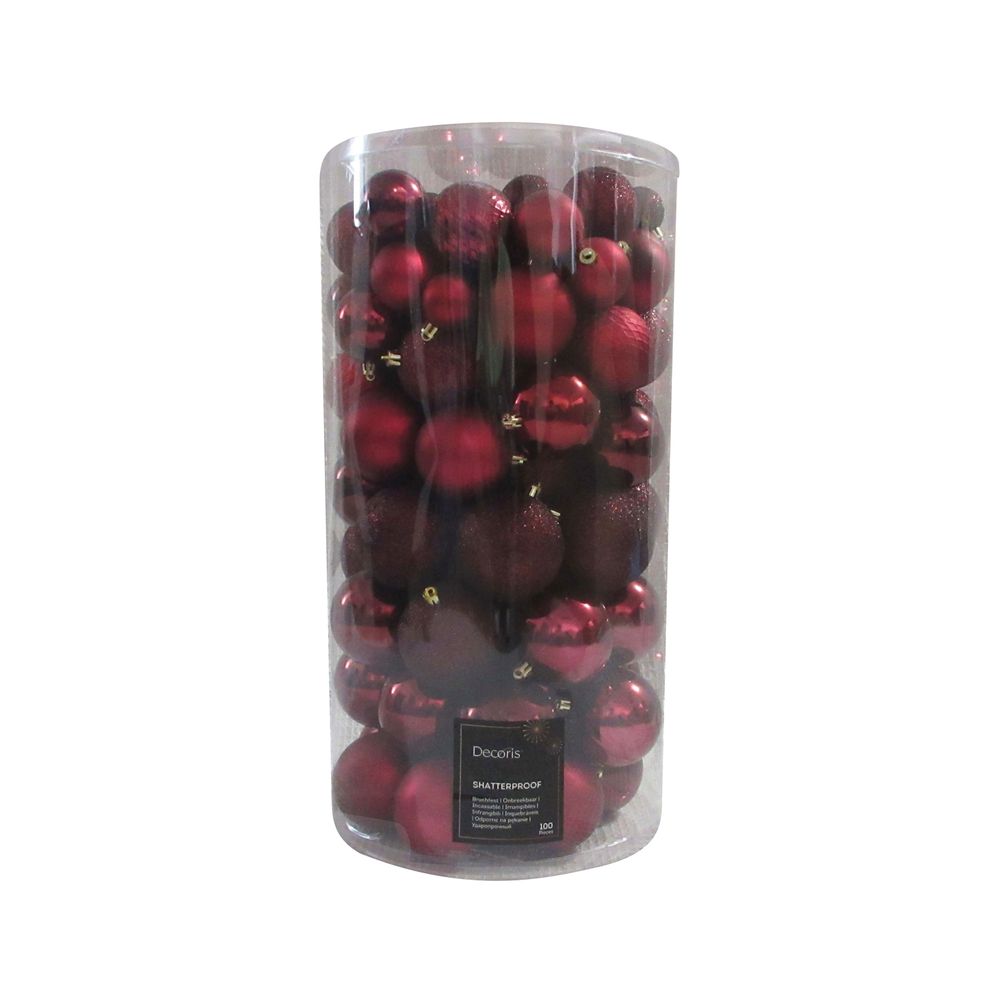 Assortiment 100 boules de Noël en verre, coloris bordeaux