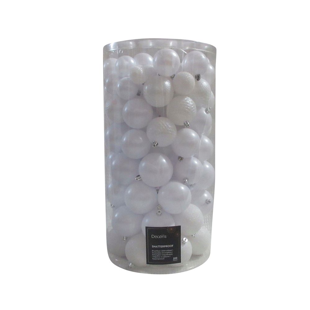 Assortiment 100 boules de Noël en verre, coloris blanc hiver
