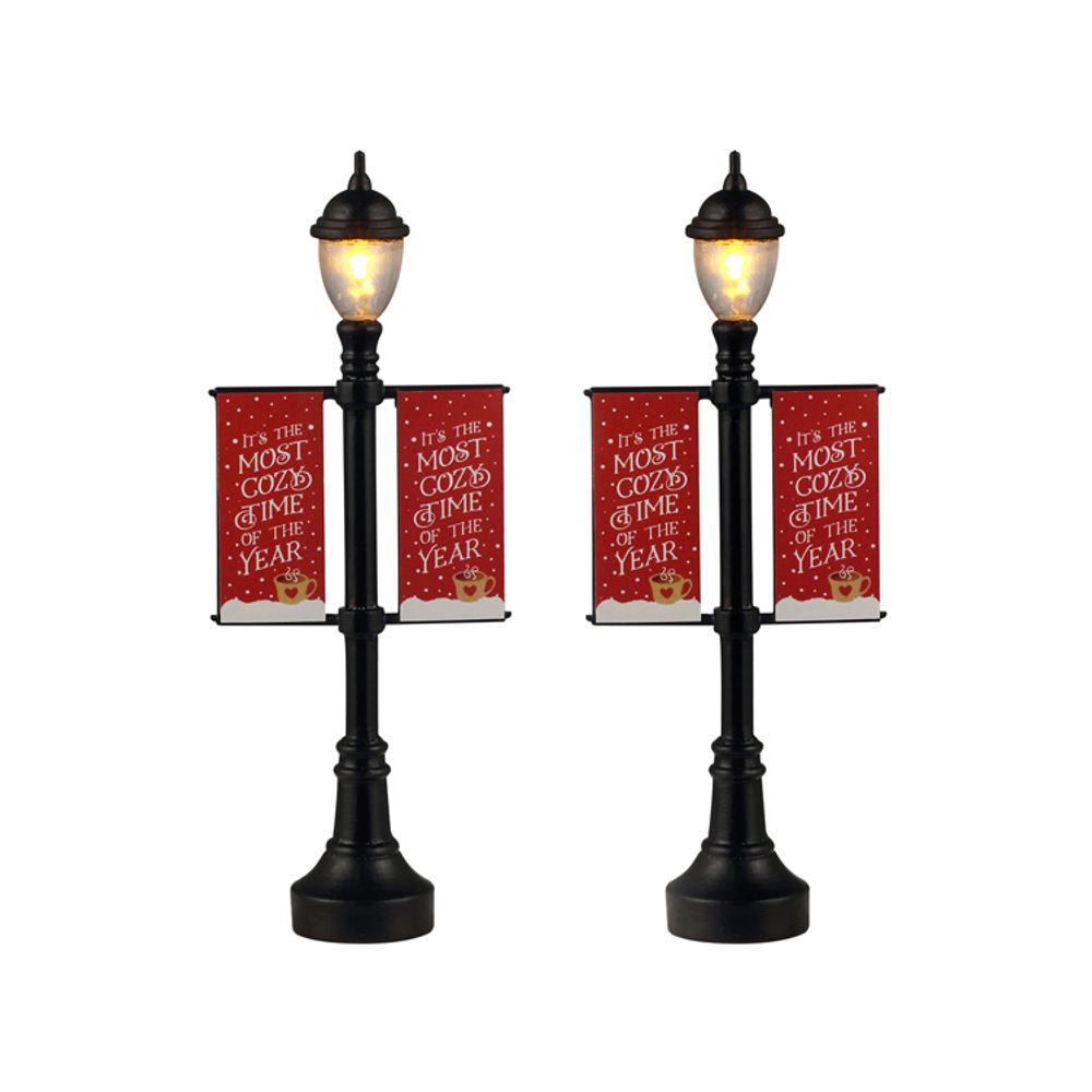 Lot de 2 lampadaires 'Bannières rouges' pour village de Noël