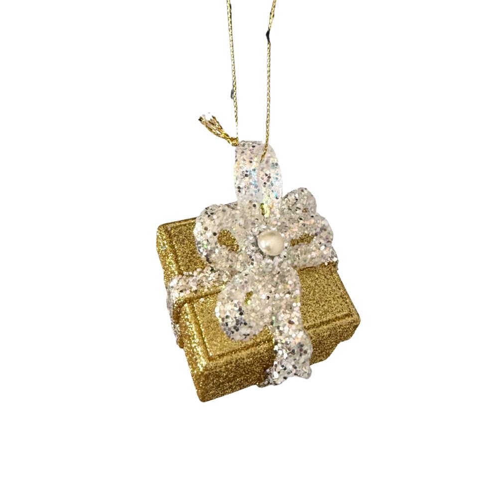 Suspension de Noël : cadeau, coloris or brillant - H.5,5cm