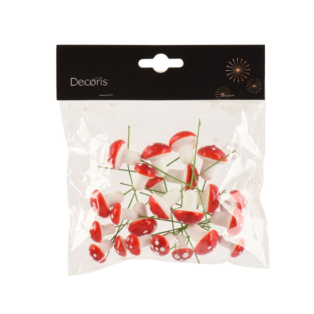 Déco : champignons mousse rouges 12x Ø1,5 cm + 12x Ø2 cm