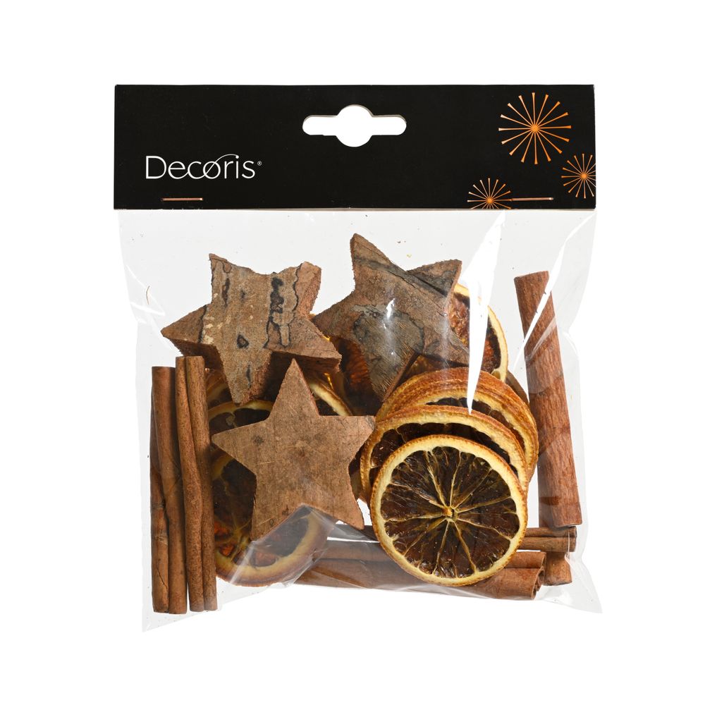 Décoration H.15cm, Orange cannelle avec étoiles de coco