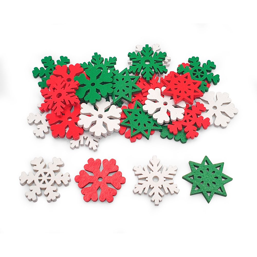 Flocons de Noël en bois, coloris mixte - 30 pièces
