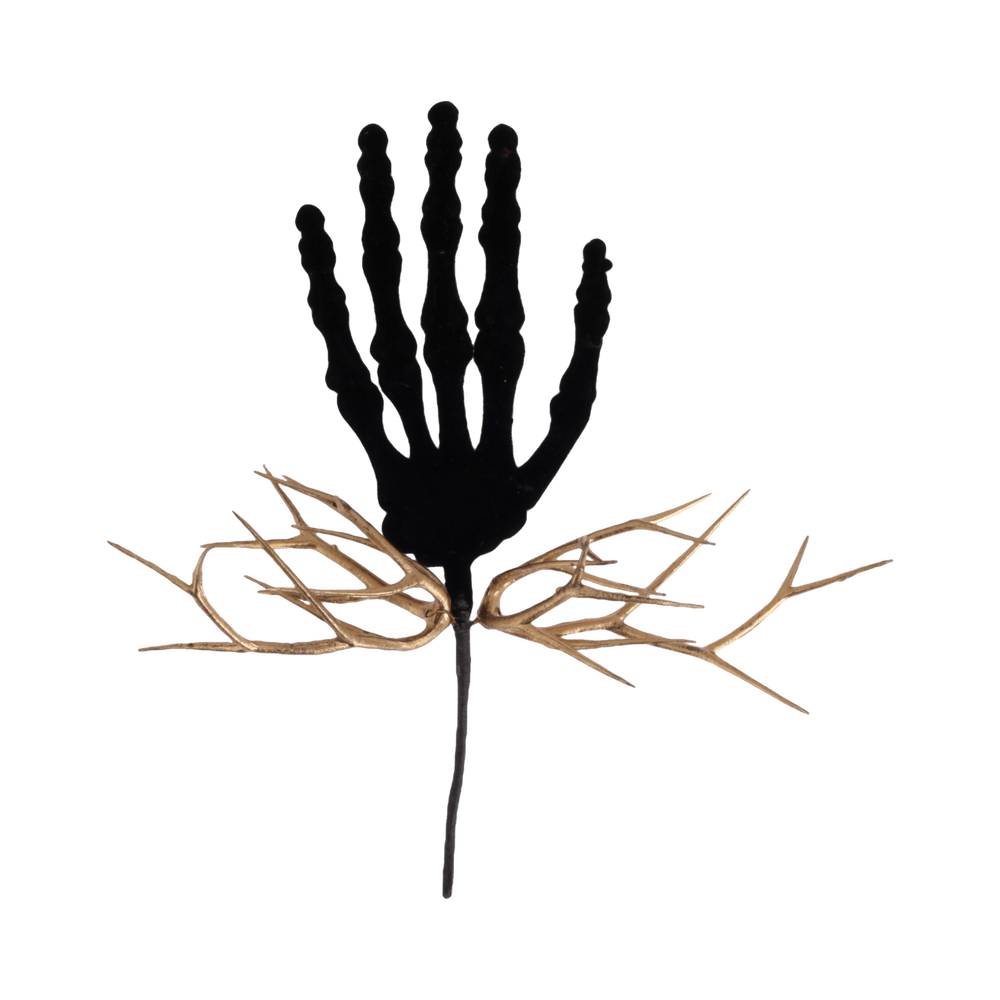 Main de squelette en velours et branche Halloween, noir/or - 22cm