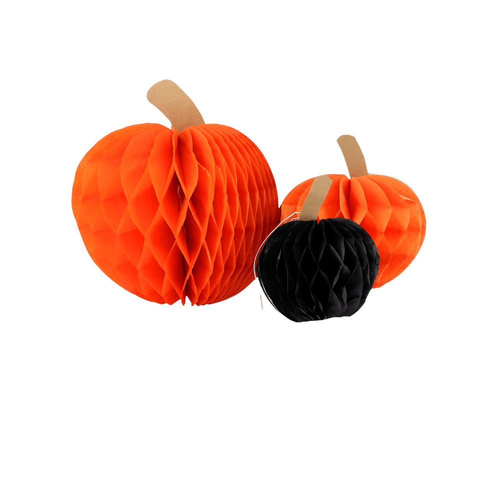 3 citrouilles en papier alvéolé, coloris orange/noir - D.10cm à D.18cm