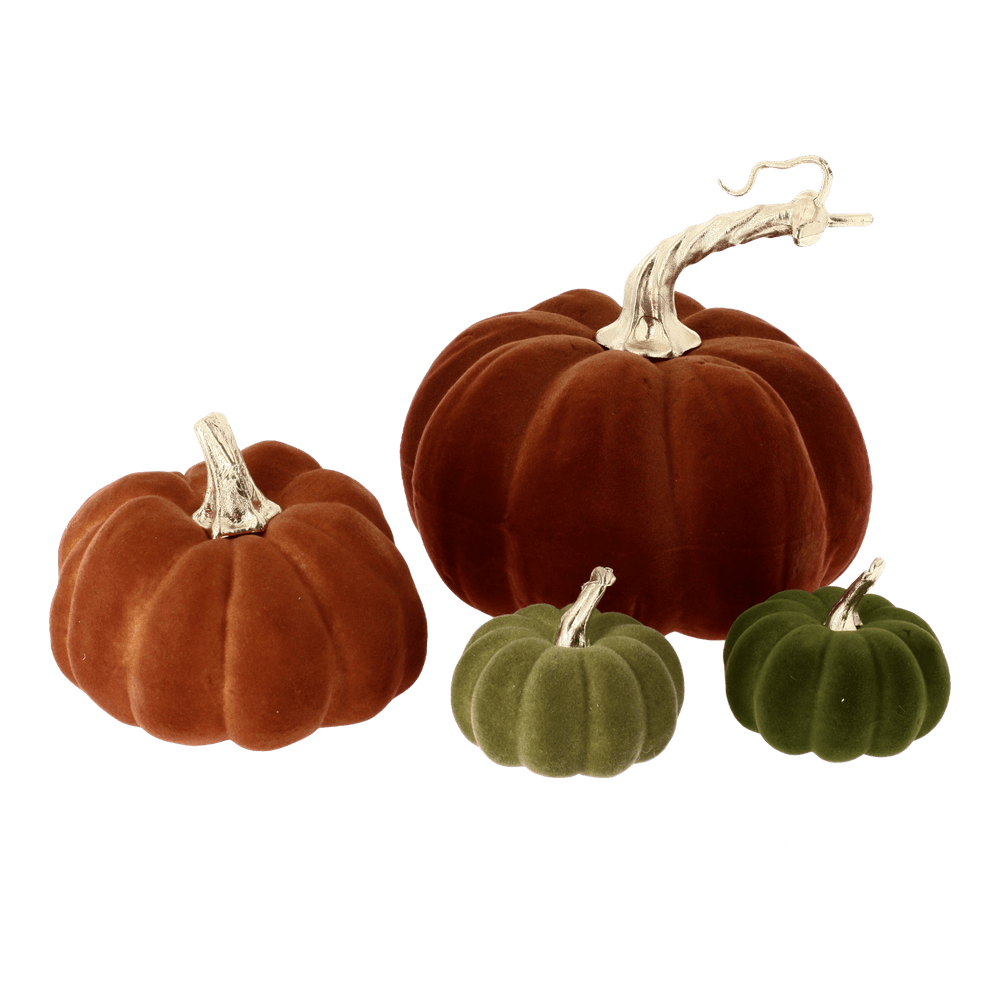4 citrouilles en velours, coloris orange/vert/or - de 5,5 à 12cm