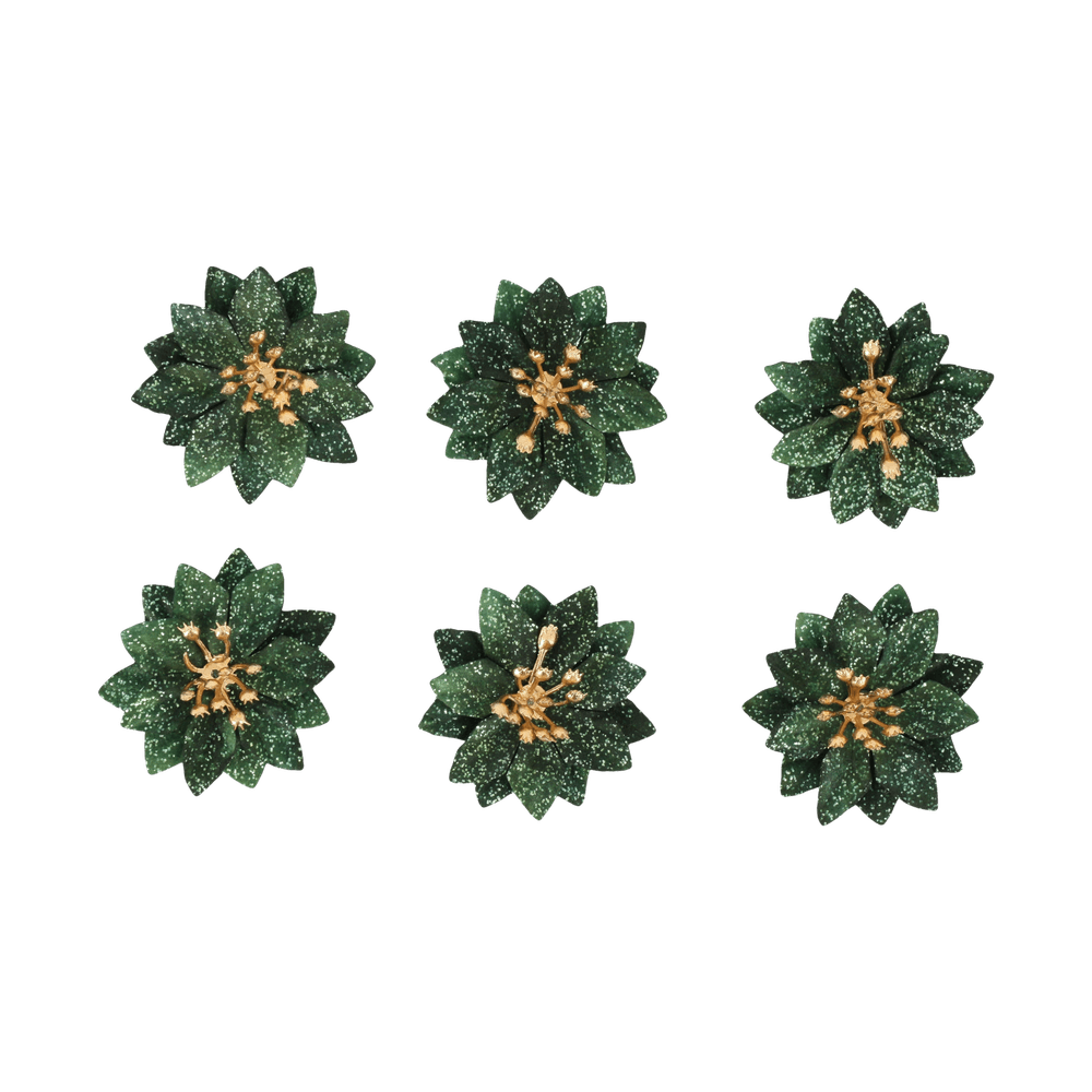 6 poinsettias pailletés avec adhésif en velours vert - D.5,5cm