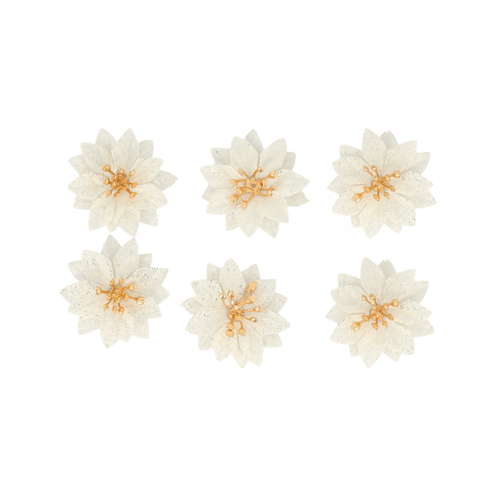 6 poinsettias pailletés avec adhésif en velours crème - D.5,5cm