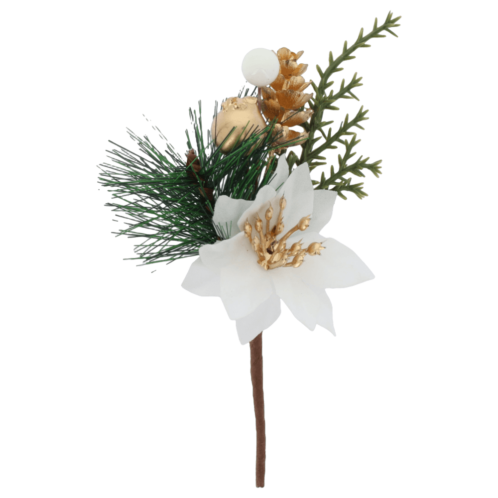 Branche 'Rêverie' avec poinsettia, coloris blanc/vert/or - 11,5cm