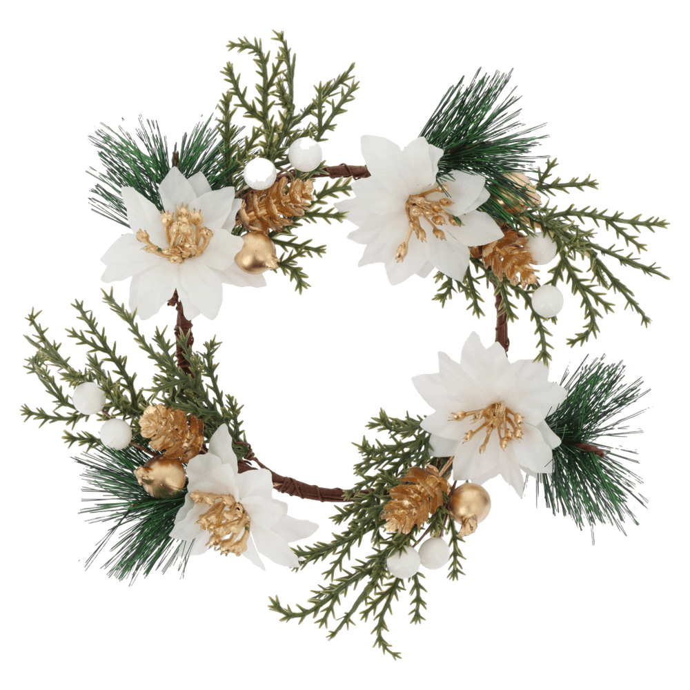 Couronne 'Rêverie' avec poinsettia, coloris blanc/vert/or - D.20cm