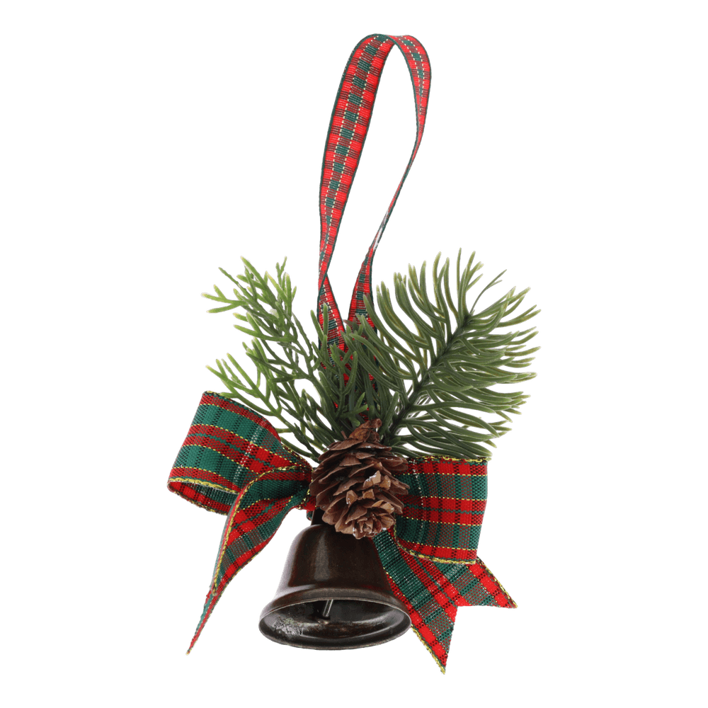Suspension 'Aurore', cloche vieillie, ruban tartan vert/or - 10cm